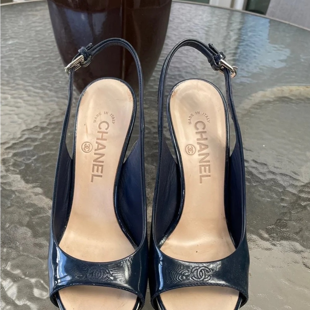 Chanel Navy Blue Peep Toe Slingback Heels